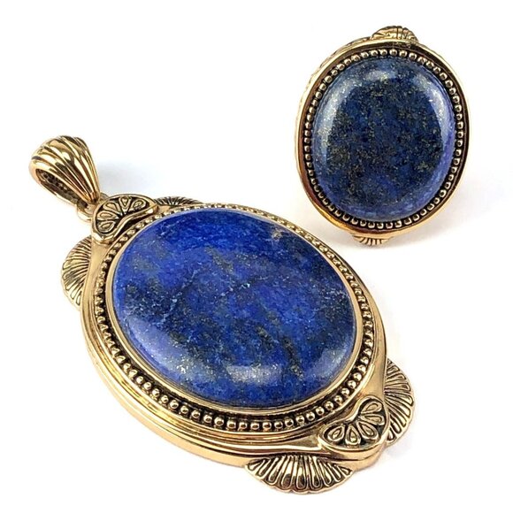 Studio Barse Gold Tone Blue Lapis Lazuli Oval Stone Ring & Pendant Set Thailand - Picture 1 of 6